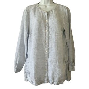 J. Jill  Women’s White & Blue Stripe 100% Linen Side Tie Button Up Tunic- Medium